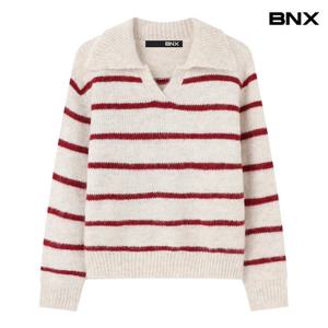 [비엔엑스]오픈 카라 스트라이프 긴팔 니트 (BX4KP006L0)