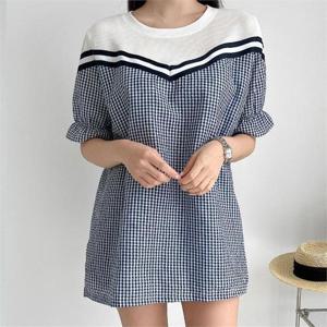 [강물처럼]아이우먼 브이배색체크퍼프반팔티 BSN137M208 빅사이