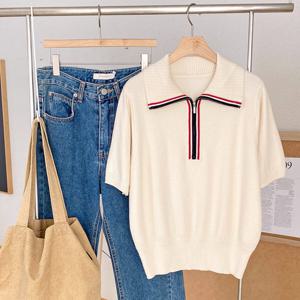 [샵앤][샵앤] 여성 카라넥 배색 반집업 반팔 니트티 DGB-WKN-473