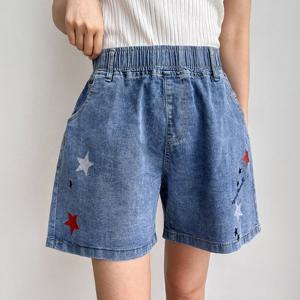 별 자수밴딩 데님반바지 4부 허리전체밴딩 벨트고리 통기성좋은 반바지