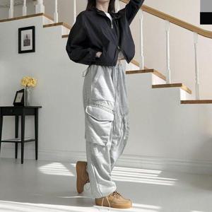 여성 힙한 스트링 지퍼 카고 트레이닝 데일리 와이드 팬츠 WFKTHGJ