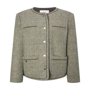 헤지스 여성 라운드넥 체크 트위드 자켓 라이트카키  (HSJA5D901K1)
