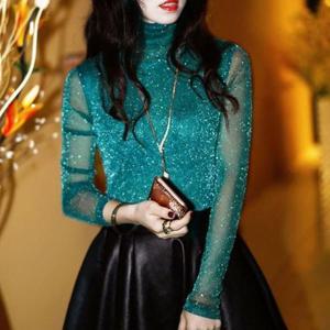 시스루 단체 행사 티셔츠 요가 긴팔 목폴라 S346 라인댄스복 활동 터틀넥