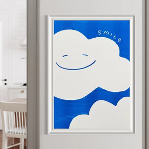 몽글몽글 구름 스마일 블루 리소프린트 A4사이즈 그림액자