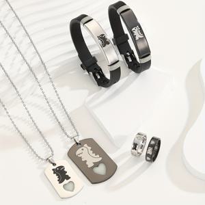 TEMU 귀여운 공룡 디자인의 커플 목걸이, 팔찌, 반지 포함 6개 라이트업 하트 세트 - 여성 발렌타인데이 선물로 완벽