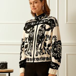 TEMU 여성용 엘레강스 프린트 모란꽃 패턴 하이넥 긴소매 지퍼 앞면 경량 자켓 - 가을과 겨울용 기계 세탁 가능 캐주얼 패션 상의