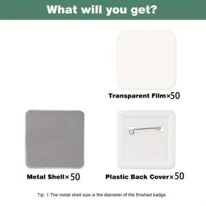 TEMU 정사각형 버튼 제작 용품 50세트 (50mm 또는 1.97인치). 이 부품은 정사각형 버튼 제작기와 호환되며 2X2 사이즈이며, 금속 커버, 플라스틱 백 커버, 투명 필름이 포함되어 있습니다.