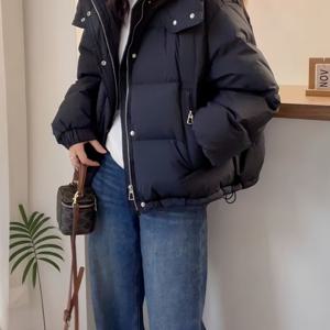 TEMU 스타일리시 캐주얼 가을/겨울용 여성용 두꺼운 후드 패딩 코트, 한국 스타일, 쁘띠, 숏, 루즈핏, 따뜻한 패딩 囗袋자켓, 새로운 패딩 코트, 슈퍼 스타일리시 여성 아우터웨어