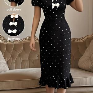 TEMU 여성 슬림핏 랜턴 슬리브 우아한 리본 러플 물방울 무늬 프린트 원피스, 봄/여름 시즌에 적합