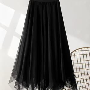 TEMU 여성용 하이웨이스트 블랙 메쉬 아сим메트리 레이어드 A라인 미디 스커트