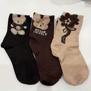 TEMU 귀여운 곰돌이 크루 삭스 3켤레 | 가을-겨울 니트 원단, 플로럴 패턴, 엘라스테인, 손세탁 또는 드라이클리닝