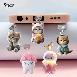 TEMU 휴대폰용 Type-C 및 Apple 먼지 방지 마개 5개 세트 - 고양이 참이 특징이며, 충전 포트 및 헤드폰 잭을 위해 설계된 2D 평면 디자인의 아크릴 소재