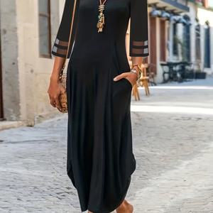 TEMU 곡선 밑단 & 포켓이 있는 우아한 여성용 맥시 드레스 - 슬림핏, 신축성 있는 폴리에스테르, 세탁기 사용 가능 - 사계절용 다용도 단색 컬러