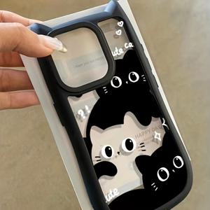TEMU 아이폰 13/14/15/16 프로 맥스, 아이폰 15/16용 새로운 블랙 앤 화이트 스택드 캣 폰 케이스, 3D 캣 이어 포함, 아이폰 13/14/15/16 프로용 귀여운 케이스