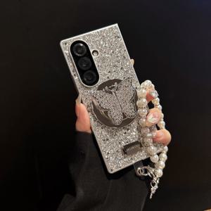 TEMU 휴대폰 케이스 - 은색 글리터 마그네틱 쉘, 리본 스탠드 및 손목 스트랩 포함 (Apple iPhone Galaxy Z Fold 7 6 5 호환)