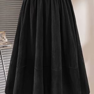 TEMU 여성용 코듀로이 미디 스커트, 신상 가을/겨울 A라인 하이웨이스트 패치워크 우산 스커트 탄력성 허리밴드