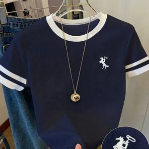 TEMU 사계절에 적합한 시즌 티셔츠, 컬러 블록 반팔 자수 티셔츠, 캐주얼하면서도 우아한 Y2K 스타일, 외출, 통근, 파티, 소셜 이벤트, 휴가, 생일 축하, 크리스마스, 새해에 완벽