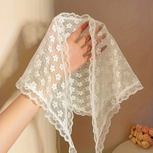 TEMU 세련된 프렌치 레이스 삼각 스카프 - 빈티지 화이트 플로럴 헤드스카프, 여성용 매력적인 컨트리 스타일 액세서리