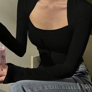 TEMU X6421 가을 여성용 긴팔 스완 넥 티셔츠, 소프트 스타일, 단색, 슬림핏 탑, 넥라인 강조, 다용도 베이스 레이어