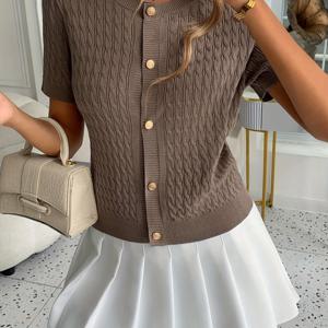 TEMU 여성용 올리브 그린 & 화이트 케이블 가디건 - 반팔 크롭 스웨터 조끼, 오픈 프론트 및 버튼 디테일, 중간 스트레치 H-시ルエット, 봄, 여름, 가을 레이어링에 이상적, 텍스처 디자인의 패셔너블한 스웨터 가디건