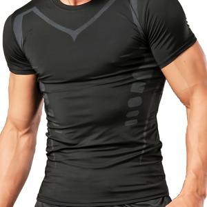 TEMU 하이 스트레치와 스키니 핏 기하학적 패턴 크루 넥과 반팔 티셔츠, 남성용 여름 패션 티, 빠른 건조 액티브 스포츠 상의 피트니스 러닝 및 트레이닝 웨어