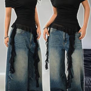 TEMU 여성 캐주얼 스트리트 스타일 오프숄더 메쉬 러플 아сим메트리 밑단 스트랩리스 탑, 뮤직 페스티벌, 발렌타인데이