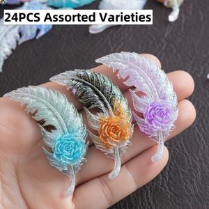 TEMU 8/16/24개 멀티 컬러 인조 깃털 레진 장식, 구멍 없음, 섬세한 글리터 야광 레진 깃털, 펜던트, 자동차 및 가정 장식, 요정 정원 추가 및 미니어처 물체 장식에 적합. 색상 및 스타일은 랜덤입니다.