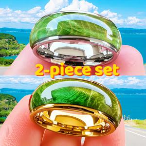 TEMU 304 스테인리스 스틸로 제작된 남성용 웨딩 밴드 2개 세트 - 그린 마블 인레이, 부드러운 둥근 모서리, 그린과 골드 조합의 현대적인 디자인
