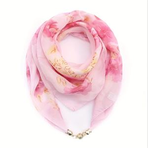 TEMU 플로랄 스퀘어 스카프 자석 클라스프 - 여성용 가벼운 폴리에스터 넥 랩, 핑크 & 골드 악센트, 캐주얼 및 프로페셔널 의상에 다용도, 따뜻하고 통기성 좋은 패션 액세서리, 우아한 디자인