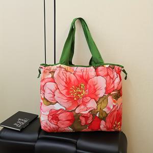 TEMU 꽃무늬가 있는 대용량 경량 접이식 토트백, 여성용 우아한 옥스포드 원단 어깨 핸드백, 재사용 가능, 고정 스트랩, 드로스트링 클로저, 손세탁 가능, 일상용 토트백 | 꽃무늬 토트 | 옥스포드 원단 백