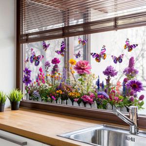 TEMU 침실 및 거실 벽 장식을 위한 플로럴 창문 스티커, 보라색 나비 포함