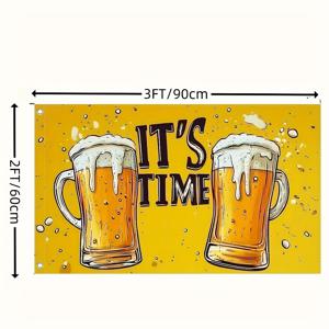 TEMU A Fun 맥주 테마 깃발 - 맥주 한 잔 시간을 위한 100% 폴리에스터 재질, 밝은 노란색 배경에 재미있는 맥주 머그 디자인, 사계절에 적합하며, 코티지, 마당, 정원 파티 및 축하 테마에 적합