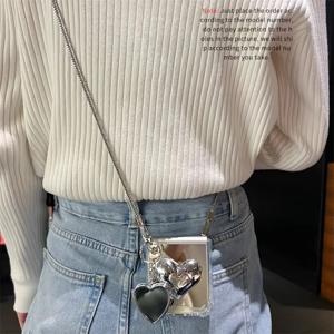 TEMU 휴대폰 케이스 - 사각 미끄럼 방지 전기 도금 미러 케이스 + 전기 도금 은색 입체 사랑 하트 + 은색 크로스바디 스트랩 + 은색 하트 미러 미끄럼 방지 휴대폰 케이스 Z Flip 7 Z Flip 7 FE