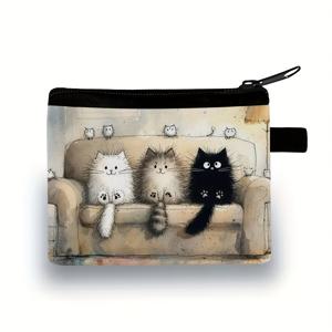 TEMU 고양이와 강아지 프린트 폴리에스터 동전 지갑, 지퍼 잠금, 경량, 내구성, 손세탁 가능, 가볍고 튼튼함
