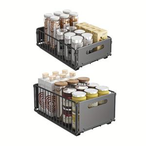 TEMU 주방 및 욕실용 바구니 서랍 정리함 2개 세트 - 분리 가능한 풀아웃형 조리대 수납 랙 (메탈 선반 포함) - 검은색 선반으로 조리대 또는 팬트리 정리를 위한 이상적인 선택