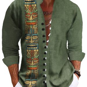 TEMU 남성용 중국 스탠드 칼라 버튼 프론트 셔츠 - 민족 부족 프린트 디자인, 사계절 캐주얼 버튼업 블라우스 - 파티, 휴일 및 일상복용 - 세탁기 사용 가능 스탠드 칼라 셔츠 (그린/전통 패턴) - 남성 패션 상의
