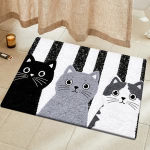 TEMU [제품] [플란넬 + 1cm 두께 스펀지 소재] 재미있는 현관 매트｜세 개의 고양이 패턴이 특징인 이 현관 매트는 침실, 주방, 식당, 욕실 등 다양한 환경에 적합합니다. 미끄럼 방지 기능이 있으며 세탁기 사용 가능합니다.