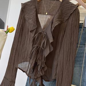 TEMU 우아한 디렉션 여성용 신상 가을/겨울 단색 간편 데일리 플리츠 V넥 긴팔 패션 가디건