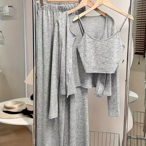 TEMU 3피스 여성 캐주얼 의상 세트. 캐미솔 및 탱크 탑, 긴소매 가디건, 탄성 팬츠로 구성되어 있으며 가을/겨울에 적합합니다.