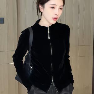 TEMU 여성용 유럽 스타일 더블 지퍼 스탠드 칼라 벨벳 숏 가디건, 2025년 가을 신상 캐주얼 다용도 재킷