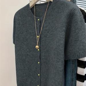 TEMU Directional - 2026 봄/여름 신상품 유럽 및 미국 스타일 우아한 단색 봄/가을 여성용 반팔 버튼업 가디건 스웨터