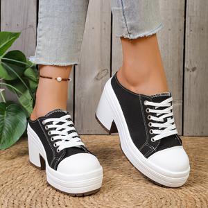 TEMU 편안한 아웃도어 레이스업 뮬, 캐주얼 레이스업 디자인, 통굽 여성용 플랫폼 슈즈, 인터넷 핫템 슬립온 하프 슬리퍼, 데일리 스트리트화, 20256 사계절 패셔너블하고 활용도 높은 신발, 여성 신발