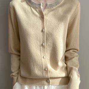 TEMU 우아한 솔리드 컬러 장식 가디건, 패셔너블 라운드넥 긴소매 다용도 아우터웨어