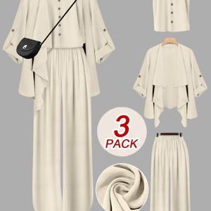 TEMU 여성용 패셔너블 팬츠 세트, 솔리드 컬러 디자인 가디건 재킷과 대조 컬러 조끼, 캐주얼 팬츠 3피스 세트, 스타일리시한 아웃핏