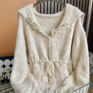 TEMU 정교하고 독특한 메시 스티칭 네이비 칼라 스웨터 가디건 여성용 고급 외국 스타일 연령 감소 허리 다용도 가디건 탑 (한국 버전)