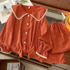 TEMU 여성용 파자마 세트, 봄 & 여름, 레드 폴카 도트 프린트, 긴소매 & 바지, 가디건 칼라, 아우터웨어로 적합한 라운지웨어