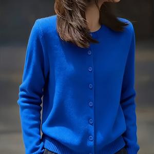 TEMU 블루 라운드넥 버튼 디자인 심플 캐주얼 긴팔 2025 가을 겨울 신상 다용도 가디건