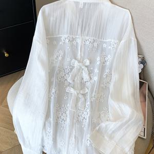 TEMU 레이스 장식 리본 화이트 자외선 차단 여성용 셔츠, 신상 봄/여름 가볍고 통기성 좋은 가디건 코트