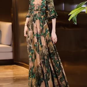 TEMU 디지털 프린트 메쉬 스플라이싱 플레어 슬리브 V넥 롱 플로럴 랩 드레스