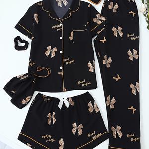 TEMU 나비매듭 프린트 청소년용 6피스 파자마 세트, 반팔 상의, 반바지, 긴 바지, 십대용